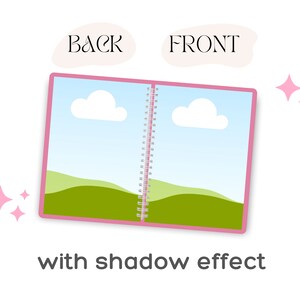 May include: Open pink notebook with a spiral binding. The pages have a blue sky with white clouds and green hills. The words "BACK" and "FRONT" are written on the top of the notebook.