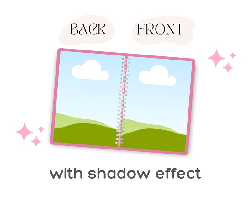 May include: Open pink notebook with a spiral binding. The pages have a blue sky with white clouds and green hills. The words "BACK" and "FRONT" are written on the top of the notebook.