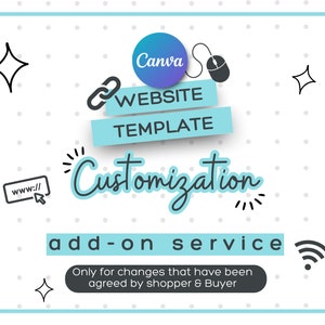 May include: A blue and white graphic with the text "Canva WEBSITE TEMPLATE Customization add-on service" and the text "Only for changes that have been agreed by shopper & Buyer".