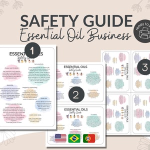 May include: A ready-to-print safety guide for essential oil businesses. The guide includes information on sun sensitivity, strong oils, and safe storage. The design features the text "SAFETY GUIDE Essential Oil Business" and the words "ESSENTIAL OILS Safety Guide".