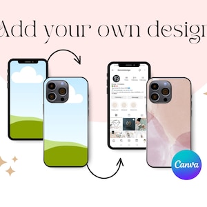 May include: Two phone cases with different designs. The first case has a blue sky with white clouds and green hills. The second case has a pink and white watercolor design. The text "Canva" is visible on the second case.
