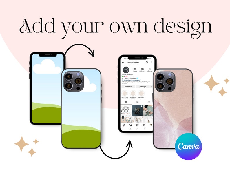May include: Two phone cases with different designs. The first case has a blue sky with white clouds and green hills. The second case has a pink and white watercolor design. The text "Canva" is visible on the second case.