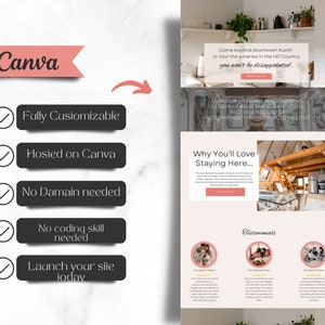 May include: A website mockup with a pink and white color scheme. The website is for a vacation rental property. The website features a photo of a cabin with a loft bedroom, a description of the property, and a booking button. The website also includes testimonials from previous guests.