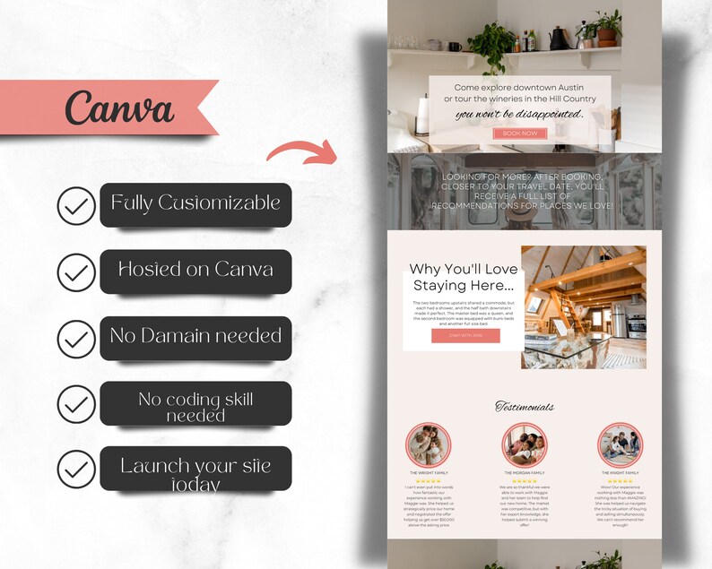 May include: A website mockup with a pink and white color scheme. The website is for a vacation rental property. The website features a photo of a cabin with a loft bedroom, a description of the property, and a booking button. The website also includes testimonials from previous guests.