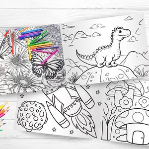 May include: A set of four coloring pages featuring a dinosaur, a rocket, mushrooms, and butterflies. The pages are black and white and ready to be colored.