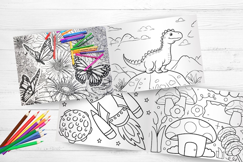 May include: A set of four coloring pages featuring a dinosaur, a rocket, mushrooms, and butterflies. The pages are black and white and ready to be colored.