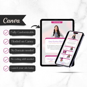 May include: A pink and white website design template on a tablet and phone. The website is fully customizable, hosted on Canva, and requires no coding skills. The text on the website says "Anna Karina March" and "Unlocking your sales".