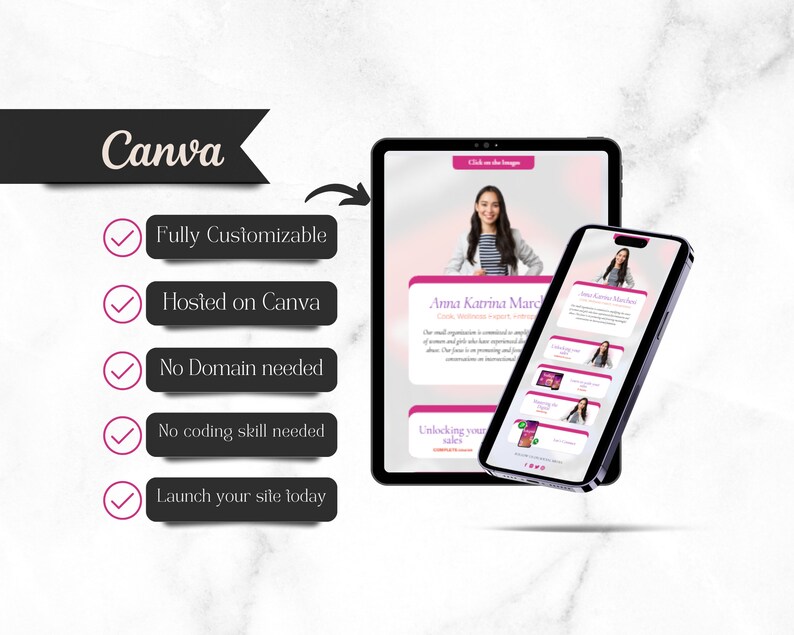 May include: A pink and white website design template on a tablet and phone. The website is fully customizable, hosted on Canva, and requires no coding skills. The text on the website says "Anna Karina March" and "Unlocking your sales".