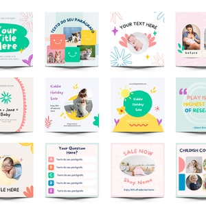May include: A collection of colorful social media templates featuring illustrations of flowers, stars, and other whimsical designs. The templates include text such as "Your Title Here", "Kiddie Holiday Sale", and "Play is the Highest Form of Research".
