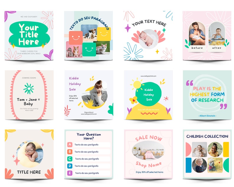 May include: A collection of colorful social media templates featuring illustrations of flowers, stars, and other whimsical designs. The templates include text such as "Your Title Here", "Kiddie Holiday Sale", and "Play is the Highest Form of Research".