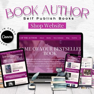 May include: A computer screen mockup showing a website for book authors. The website has a purple and white color scheme and features a menu with links to "About", "Books", "New release", "Blog", "Events", and "Contact". The text "NAME OF YOUR BESTSELLER BOOK" is displayed in large, bold letters. The website is surrounded by stacks of books and a laptop.