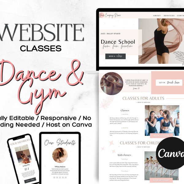 PLANTILLA DE SITIO WEB de Canva, Página de ventas de la escuela de baile, Página de inicio de baile, Plantilla de Canva, Plantilla de sitio web de gimnasio