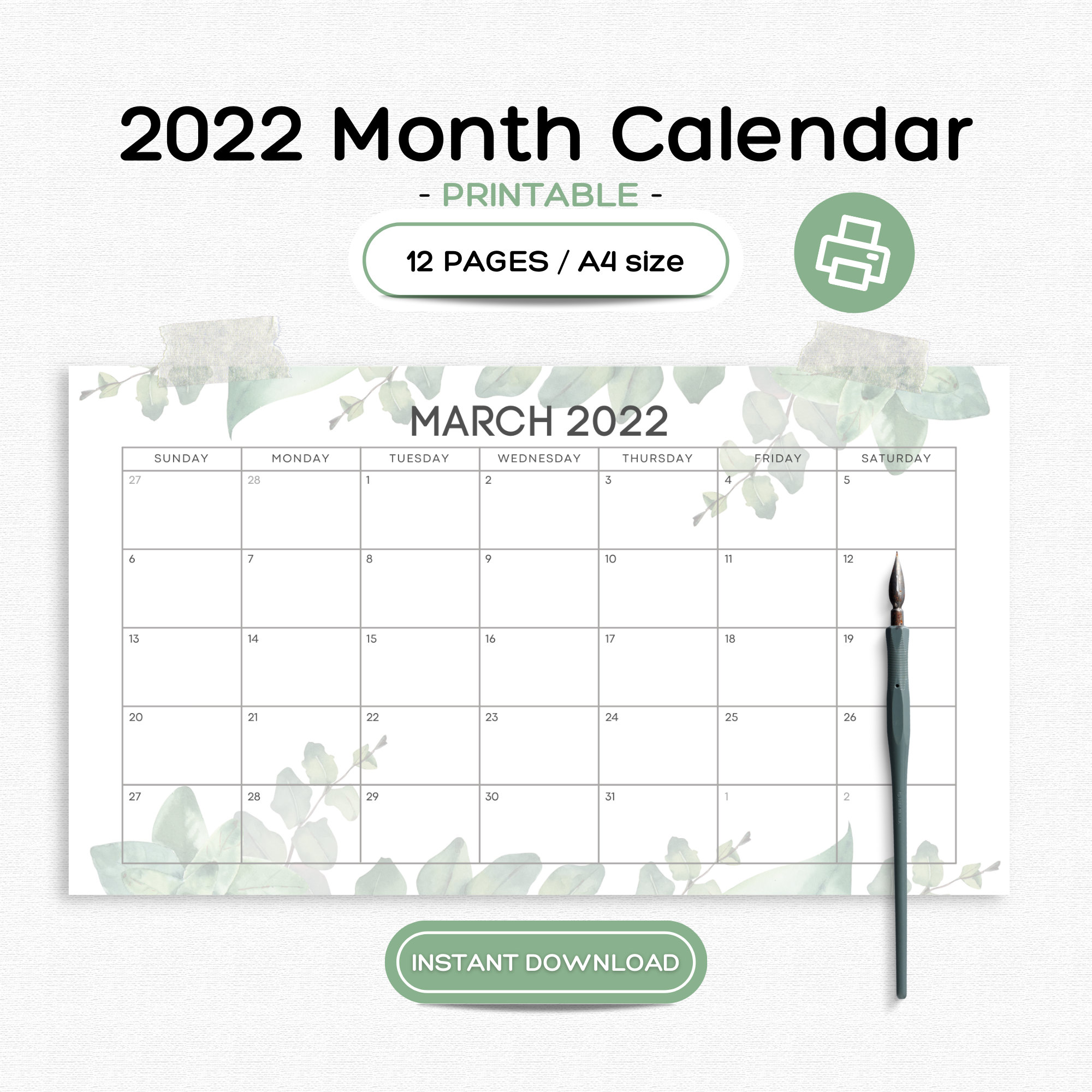 2022 monthly calendar landscape printable calendar template etsy