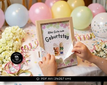 Geburtstags-Geldgeschenk-Kartenvorlage • DIY zum Ausschneiden (download em PDF, formato A4)
