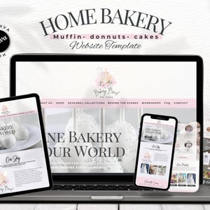 May include: A digital website template for a home bakery displayed on a laptop, tablet, and three smartphones. The design features a light pink and white color scheme with the text HOME BAKERY Muffin- donuts- cakes Website Template.