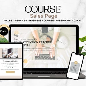 Pode incluir: Um laptop, tablet e smartphone exibem um design de página de vendas. A tela do laptop mostra uma pessoa usando um laptop. O tablet exibe uma página "Conecte-se conosco". O smartphone mostra uma página "Metas". O texto "COURSE Sales Page" está no topo.