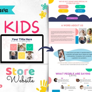May include: A colorful website design template for a children's clothing store. The template features a laptop with a mock-up of a website, a hand-drawn illustration of a hand, and text that says "Kids Store Website".