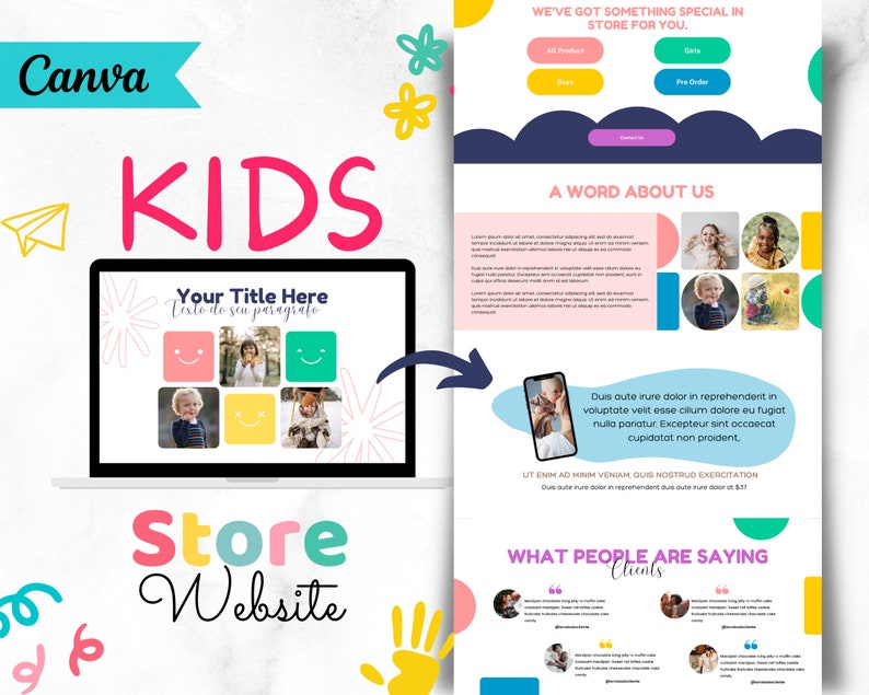 May include: A colorful website design template for a children's clothing store. The template features a laptop with a mock-up of a website, a hand-drawn illustration of a hand, and text that says "Kids Store Website".