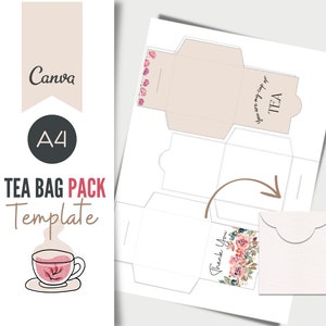 Tea Bag envelope template A4, party printable, tea digital, tea bag Label, tea bag holder, diy tea bag,  Canva Template