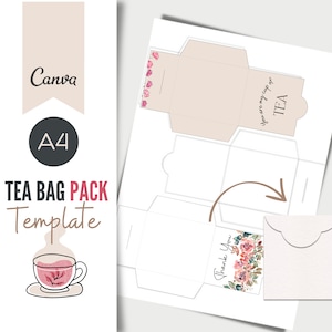 Tea Bag envelope template A4, party printable, tea digital, tea bag Label, tea bag holder, diy tea bag,  Canva Template