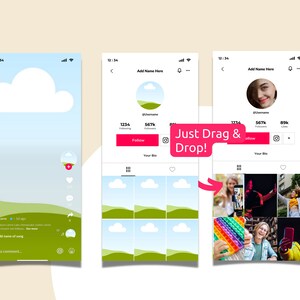 May include: A screenshot of a mobile phone displaying a social media app. The app has a profile page with a username, follower count, and like count. The profile page also has a grid of images. The app has a button that says "Follow". The text "Just Drag & Drop!" is superimposed on the image.