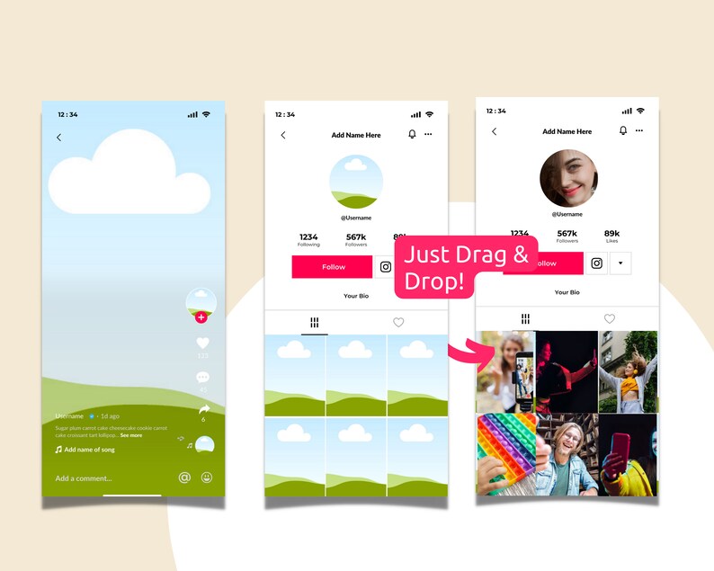 May include: A screenshot of a mobile phone displaying a social media app. The app has a profile page with a username, follower count, and like count. The profile page also has a grid of images. The app has a button that says "Follow". The text "Just Drag & Drop!" is superimposed on the image.