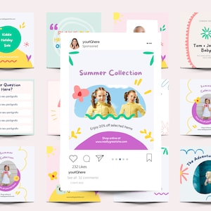 May include: A collection of colorful Instagram posts featuring children's clothing, a baby announcement, and a question and answer format. The posts have a summer theme with bright colors and playful illustrations.