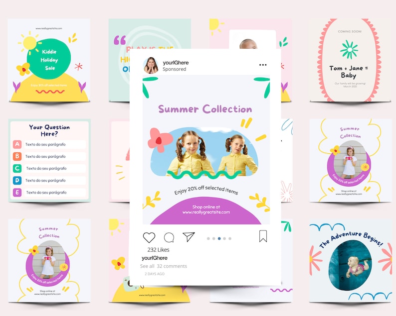 May include: A collection of colorful Instagram posts featuring children's clothing, a baby announcement, and a question and answer format. The posts have a summer theme with bright colors and playful illustrations.