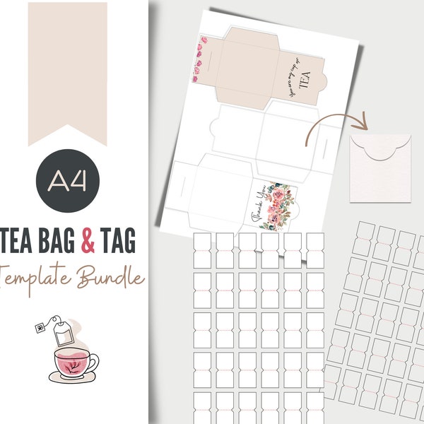 Tea Bag envelope template A4, party printable, tea digital, DIY tea bag Label, tea bag holder, diy tea bag, Canva Editable Template