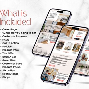 May include: A mockup of a website on a smartphone screen. The website is for a vacation rental property and includes information about the property, amenities, and activities. The text on the screen includes "What is Included", "Cover Page", "What are you going to get", "Costumer Reviews", "FAQs", "Call to Action", "Policies", "Product Intro", "The Offer", "Book A Call", "Amenities", "Costumer Says", "Product Packs", "Activities", "Restautants", "Shops", "About The Home", "Come ready to explore this Area", "Why You'll Love Staying Here", "Meet Your Host".