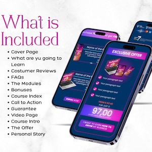 Puede incluir: La pantalla de un tel&eacute;fono azul y rosa muestra una oferta de marketing para un curso en l&iacute;nea. La oferta incluye una p&aacute;gina de portada, m&oacute;dulos de aprendizaje, bonificaciones y una llamada a la acci&oacute;n. El texto en la pantalla dice "What is Included" y "Exclusive Offer".
