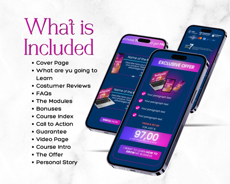 Puede incluir: La pantalla de un tel&eacute;fono azul y rosa muestra una oferta de marketing para un curso en l&iacute;nea. La oferta incluye una p&aacute;gina de portada, m&oacute;dulos de aprendizaje, bonificaciones y una llamada a la acci&oacute;n. El texto en la pantalla dice "What is Included" y "Exclusive Offer".