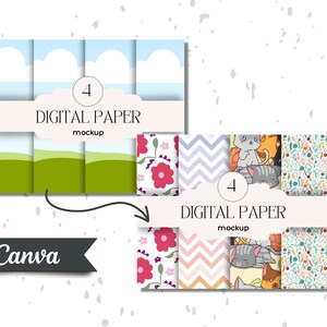 May include: Digital paper mockup with four different patterns. The patterns include a floral design, a chevron pattern, a pattern with sleeping cats, and a pattern with flowers and leaves.