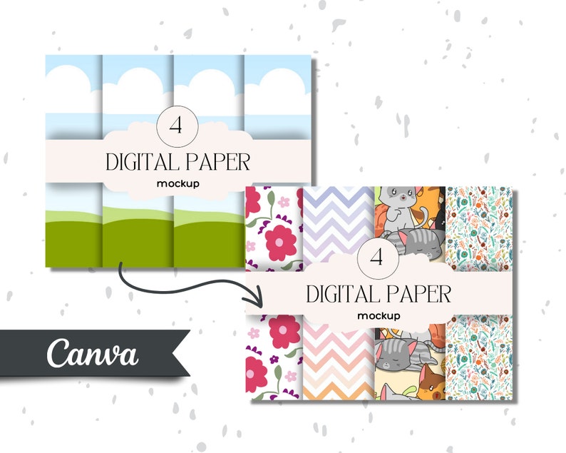 May include: Digital paper mockup with four different patterns. The patterns include a floral design, a chevron pattern, a pattern with sleeping cats, and a pattern with flowers and leaves.