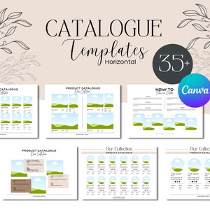 Könnte beinhalten: Eine Sammlung von über 35 horizontalen Produktkatalogvorlagen für Canva. Die Vorlagen verfügen über ein grünes und blaues Landschaftsdesign mit einer weißen Wolke. Der Text "Unsere Kollektion" und "Produktkatalog" ist in den Vorlagen enthalten.