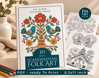 Libro para colorear de arte popular escandinavo, paquete de páginas para colorear de flores folclóricas, diseños bohemios folclóricos, libro para colorear imprimible para adultos, arte lineal relajante.