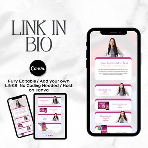 May include: A mobile phone screen displaying a link in bio template with a woman's headshot and text that reads "Anna Katrina Marchesi" and "Unlocking your sales". The template is designed in Canva and is fully editable.