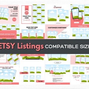 May include: A digital graphic design template for Etsy listings featuring a green and blue landscape with clouds. The template includes text boxes for titles, descriptions, and website addresses. The text "Etsy Listings Compatible Size" is displayed in a banner at the top of the image.