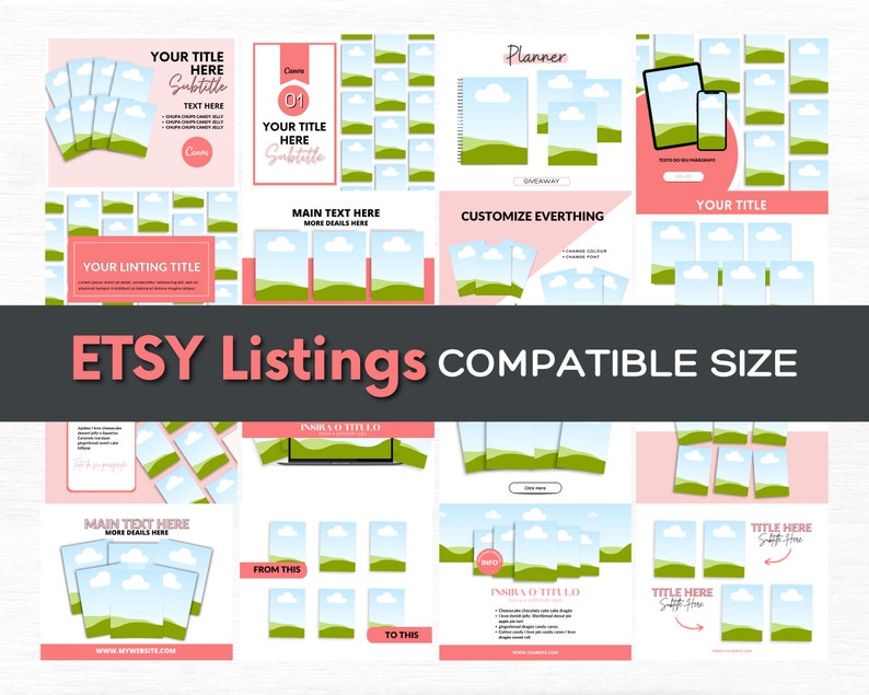 May include: A digital graphic design template for Etsy listings featuring a green and blue landscape with clouds. The template includes text boxes for titles, descriptions, and website addresses. The text "Etsy Listings Compatible Size" is displayed in a banner at the top of the image.