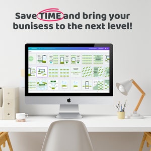 May include: A computer screen displaying a variety of social media post templates. The templates feature a green and white color scheme with a nature theme. The text on the screen reads "Save TIME and bring your business to the next level!"