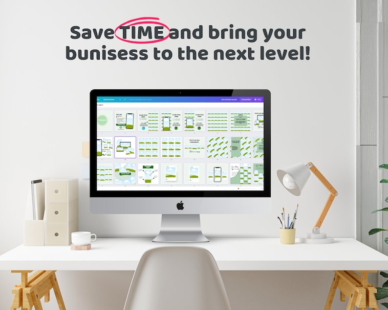 May include: A computer screen displaying a variety of social media post templates. The templates feature a green and white color scheme with a nature theme. The text on the screen reads "Save TIME and bring your business to the next level!"