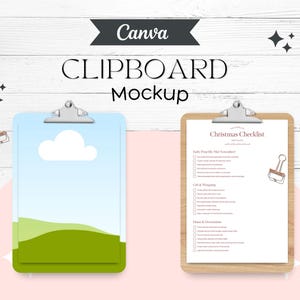 May include: A mockup image featuring two clipboards on a white wooden surface. One clipboard displays a sky and landscape graphic, while the other holds a "Christmas Checklist" with a list of tasks. The image includes the text "Canva" and "CLIPBOARD Mockup".