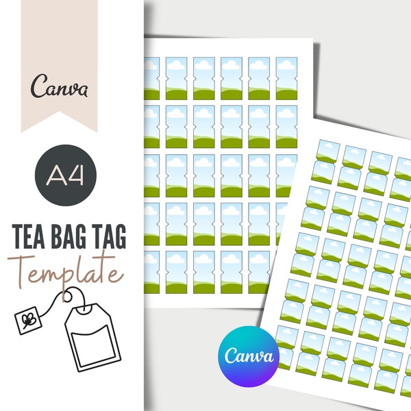 Tea Bag tag CANVA template, A4 Editable, party printable, tea digital, tea bag Label, tea bag