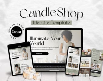 May include: A digital mockup of a candle shop website template, displayed on a laptop, tablet, and smartphone. The website features the text "Illuminate Your World" and "Shop Now." Two lit candles are in the foreground. The words "Candle Shop" and "Website Template" are also visible.