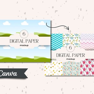 May include: A mockup of six digital papers with different patterns. The patterns include a chevron pattern in blue and white, a dinosaur pattern in white, blue, and green, a chevron pattern in pink and white, a floral pattern in yellow and white, a floral pattern in green, blue, and white, and a floral pattern in pink and white.