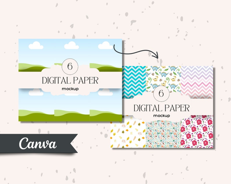 May include: A mockup of six digital papers with different patterns. The patterns include a chevron pattern in blue and white, a dinosaur pattern in white, blue, and green, a chevron pattern in pink and white, a floral pattern in yellow and white, a floral pattern in green, blue, and white, and a floral pattern in pink and white.