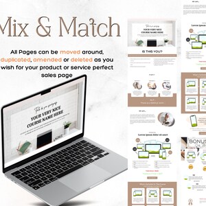 Puede incluir: Un port&aacute;til muestra una p&aacute;gina web con el texto "YOUR VERY NICE COURSE NAME HERE." La imagen tambi&eacute;n incluye el texto "Mix & Match" y "All Pages can be moved around, duplicated, amended or deleted as you wish for your product or service perfect sales page."