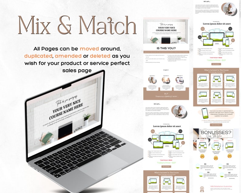 Puede incluir: Un port&aacute;til muestra una p&aacute;gina web con el texto "YOUR VERY NICE COURSE NAME HERE." La imagen tambi&eacute;n incluye el texto "Mix & Match" y "All Pages can be moved around, duplicated, amended or deleted as you wish for your product or service perfect sales page."