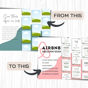 May include: A set of printable Airbnb welcome signs with a pink and green floral design. The signs include information about WiFi, house rules, and other helpful tips for guests.