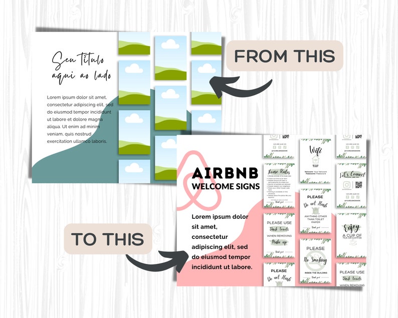 May include: A set of printable Airbnb welcome signs with a pink and green floral design. The signs include information about WiFi, house rules, and other helpful tips for guests.